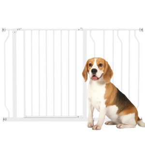 Poartă de Siguranță pentru Câini din Oțel și ABS, Poartă Extensibilă pentru Câini pentru Scări și Uși, 75-115 cm, Alb - Img 1