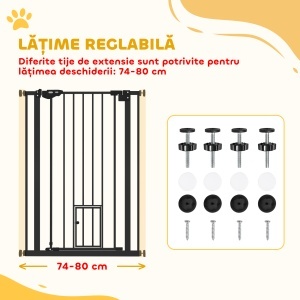 Poartă Reglabilă pentru Câini cu Ușă Mică și Montare prin Presiune, 74-80x104.1 cm, Negru - Img 4