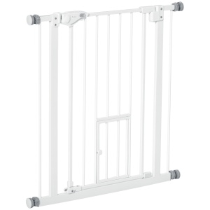 Poartă Reglabilă pentru Câini cu Ușă și Montare prin Presiune, Barieră cu Închidere Automată, 74-80x76.2 cm, Alb - Img 1