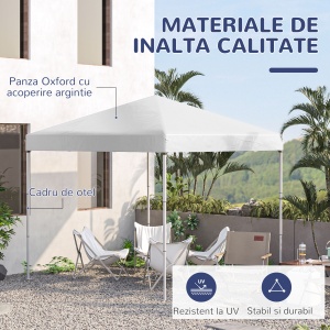 Pop Up Foisor 2,45 x 2,45 m rezistent la apa cu franghii si cuie de otel si tesatura Oxford alba - Img 4