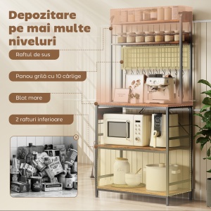 Raft de Bucătărie cu Stație de Încărcare și Rafturi Reglabile, Raft pentru Cuptor cu Microunde cu 5 Niveluri, Panou de Grilaj cu 10 Cârlige, Dulap Vintage din Oțel și PAL, 80x40x170 cm, Maro Rustic - Img 5