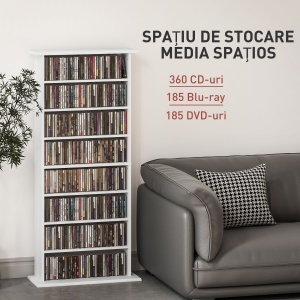Raft pentru CD-uri cu 6 rafturi reglabile, capacitate de 360 CD-uri/185 DVD-uri, 58x24x124.5 cm, alb - Img 4