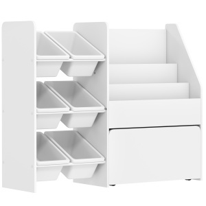 Raft pentru jucării cu 6 coșuri, 3 rafturi, din lemn, plastic și oțel, 100x30x80 cm, alb