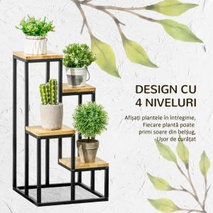 Raft pentru Plante cu 4 niveluri din Metal și Lemn de Brad pentru Interior și Exterior, 34x34x66 cm, Natural - Img 4