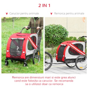 Remorca de bicicleta pentru caini 2-in-1 Carucior animal de companie Carucior bicicleta Atas de calatorie cu cadru de otel cu reflectoare universale de roti si steag rosu - Img 5