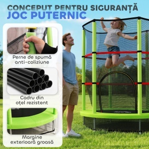 Saltea Elastică pentru Copii 3-6 Ani cu Plasă de Protecție, 6 Stâlpi și 3 Intrări, Ø140x190 cm, Verde - Img 4