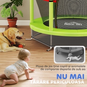 Saltea Elastică pentru Copii 3-6 Ani cu Plasă de Protecție, 6 Stâlpi și 3 Intrări, Ø140x190 cm, Verde - Img 8