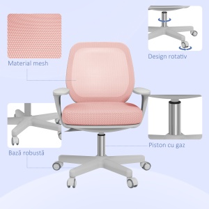 Scaun Birou Ergonomic, Respirabil, cu Inclinare, 5 Roti, Inaltime Reglabil, 55x48x82.5-94.5 cm, Roz - Img 7