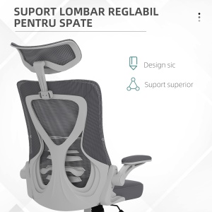 Scaun de Birou cu Inaltime Reglabila cu Tetiera, Suport Lombar si Cotiere Rabatabile, 65x64x120-130 cm, Gri si Negru - Img 6
