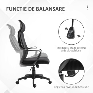 Scaun de Birou Ergonomic cu Brațe și Tetieră Reglabilă, Scaun Pivotant cu Suport Lombar, 64x55x116-126 cm, Negru - Img 5