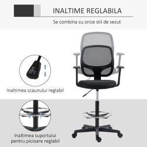 Scaun de birou reglabil pe inaltime cu cotiere, roti pivotante si scaun captusit cu cauciuc spuma, 60x56x110-132cm, negru - Img 4