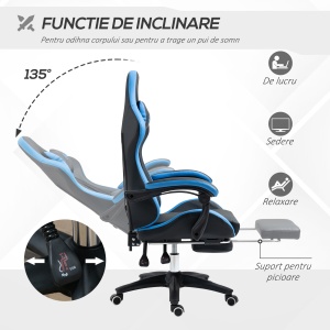 Scaun de gaming din piele ecologica PU si otel cu inaltime reglabila si spatar inclinabil, 65x65x121-129 cm, albastru si negru - Img 5