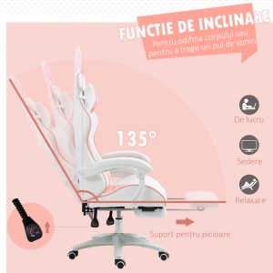 Scaun de Gaming Ergonomic cu Urechi de Iepure și Suport pentru Picioare Extensibil, 65x63x136-142 cm, Roz - Img 6