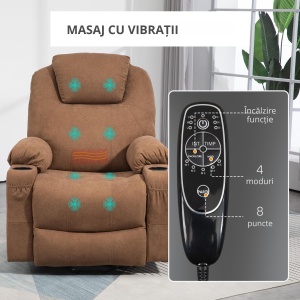 Scaun Electric Rabatabil cu 8 Puncte de Masaj și Telecomandă, Fotoliu Modern din Țesătură cu Efect de In, 90x101x107 cm, Cafea - Img 7