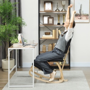 Scaun Ergonomic pentru Genunchi din Țesătură cu Aspect de In și Lemn de Mesteacăn, Negru - Img 8