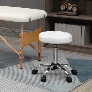 Scaun Rotativ cu Roti, Rotund, Scaun pentru Coafor și Estetician cu Înălțime Ajustabilă, Tapițat în Piele Ecologică, Ø35.5x51-67 cm, Alb - Img 2