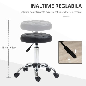 Scaun Rotativ cu Roti, Rotund, Scaun pentru Coafor și Estetician cu Înălțime Ajustabilă, Tapițat în Piele Ecologică, Ø35.5x51-67 cm, Negru - Img 4
