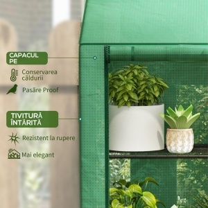 Seră de Grădină cu Copertină din PE, Seră cu Acoperiș Înclinat, 2 Uși Rulante și 6 Rafturi, 143x46x151cm, Verde - Img 4