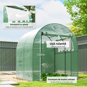 Sera de gradina tip tunel cu ferestre si usi rulante, sera pentru plante cu invelis din PE, verde, 180x180x200cm - Img 6