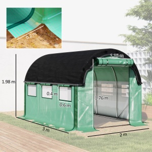 Seră de Grădină Tunel 3x2x2 m cu Plasă de Umbrire, Seră pentru Legume și Flori cu 6 Ferestre, 2 Uși și Pereți Laterali Rulanți, Cadru din Oțel și Acoperire PE, Verde - Img 3
