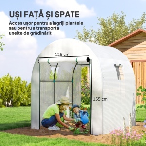 Seră Tip Tunel pentru Grădină Walk-in cu Acoperire din PE Rezistentă la UV, Uși și Ferestre cu Plasă, 1.8 x 1.8 x 2 m, Albă - Img 5