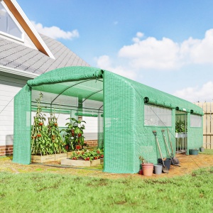 Seră Tunel cu 3 Uși Rulante, 6 Ferestre, Țăruși și Frânghii, Seră de Grădină din Oțel Galvanizat, 6x3x2 m, Verde - Img 2