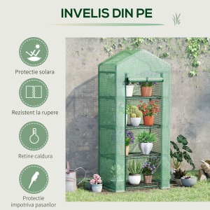Sera verticala cu raft pe 4 niveluri, sera cu balcon si terasa din otel si PE verde inchis, 70x50x160cm - Img 5