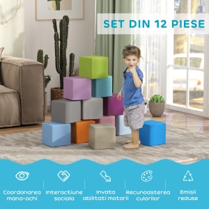 Set 12 Cuburi de Jucărie Moi pentru Copii 12-36 Luni, 20x20x20 cm, Multicolor Închis - Img 7
