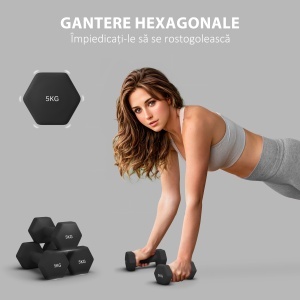 Set 2 Greutăți Hexagonale cu Gantere Pereche cu Prindere Antiderapantă pentru Antrenament de Fitness, 2x5 kg, 21x9x9 cm, Negru - Img 4