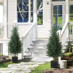Set 2 Plante Artificiale de Chiparos cu 362 Frunze și Ghiveci cu Ciment și Mușchi, Plante Rezistente la UV, Ø40x90 cm, Verde - Img 2