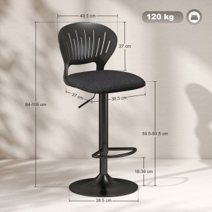 Set 2 Scaune de Bar Reglabile, Scaune de Bucătărie Înalte din Material Textil cu Efect de In cu Spătar, Suport pentru Picioare și Șezut Moale, Cadru Metalic, Scaune Rotative la 360°, Negru - Img 3