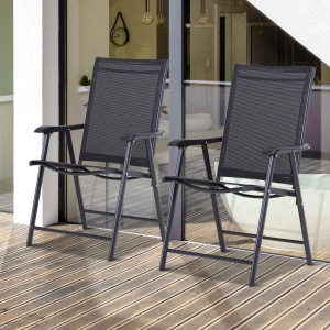 Set 2 Scaune de Grădină Pliabile cu Brațe, Scaune pentru Prânz de Exterior din Metal și Texteline, pentru Terasă, Balcon, Curte, Interior și Exterior, 58x64x94cm, Negru - Img 2