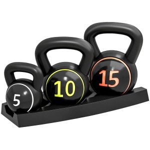 Set 3 Kettlebell de 2.2 kg, 4.5 kg și 6.8 kg cu Suport pentru Greutăți, din Plastic și Nisip, Negru - Img 1