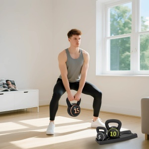 Set 3 Kettlebell de 2.2 kg, 4.5 kg și 6.8 kg cu Suport pentru Greutăți, din Plastic și Nisip, Negru - Img 7