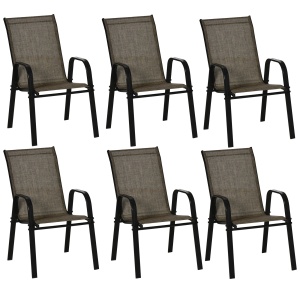 Set 6 Piese Scaune de Gradina cu Cotiere, Scaune de Exterior Stivuibile din Metal si Tesatura Respirabila, Maro - Img 1