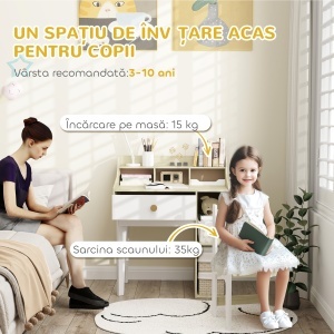 Set Birou pentru Copii cu Raft de Depozitare, Sertar și Scaun din Lemn, 80,4x50x96 cm, Alb - Img 7