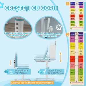 Set Birou și Scaun pentru Copii 3-12 Ani, Reglabil pe Înălțime cu Blat Înclinabil 0-45° 80×55×107,5 cm, Albastru - Img 5