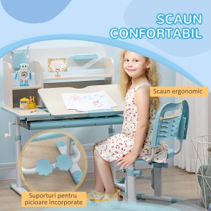 Set Birou și Scaun pentru Copii Reglabile, Inclinabilă la 60° cu Sertar, Rafturi și Suport, 3+ Ani, Albastru - Img 7