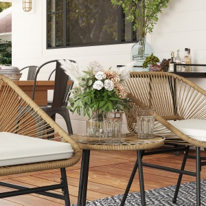 Set Bistro din 3 Piese cu Măsuță de Cafea cu Blat de Sticlă și 2 Scaune, Φ45x46 cm, Natural - Img 8