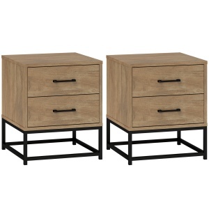 Set de 2 Noptiere cu 2 Sertare din Lemn și Oțel, 40x39.5x48 cm, Lemn Natural - Img 1