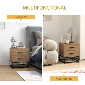 Set de 2 Noptiere cu 2 Sertare din Lemn și Oțel, 40x39.5x48 cm, Lemn Natural - Img 4