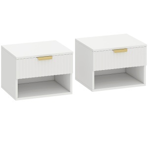 Set de 2 Noptiere Suspendate cu Panouri Canelate, Sertar și Raft, 40x34x29 cm, Alb