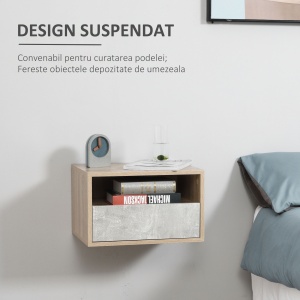 Set de 2 Noptiere Suspendate cu Sertar si Etajera 45x35x27.5cm - Gri/Culoare Lemn - Img 4