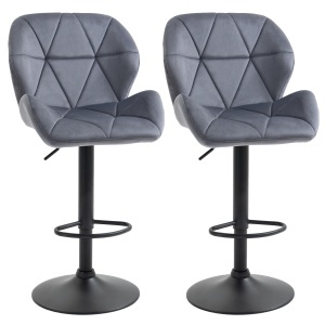 Set de 2 Scaune de Bar cu Înălțime Reglabilă, Bază Metalică și Șezut din Catifea, 51.5x57.5x93-114.5 cm, Gri - Img 1