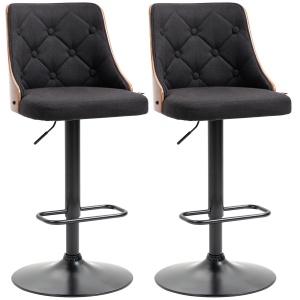 Set de 2 scaune de bar cu inaltime reglabila, scaune de bar pivotante cu inaltime reglabila, cu suport pentru picioare, scaune de bar din tesatura de in, negru si nuc - Img 1