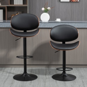 Set de 2 Scaune de Bar cu Spătar Reglabil pe Înălțime, Lemn și Piele Ecologică, 53x52x92-112 cm, Negru - Img 8