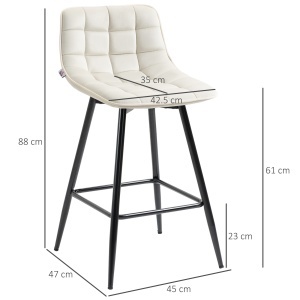Set de 2 scaune de bar cu spatar si suport pentru picioare, scaune inalte tapitate in stil nordic din metal si catifea, alb-crem, 45x47x84 cm - Img 3