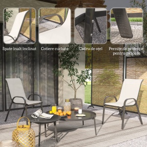 Set de 2 Scaune de Exterior pentru Masă, Scaune Stivuibile cu Spătar Înalt, Șezut din Plasă Respirabilă pentru Grădină, Terasă, Gri Deschis - Img 6