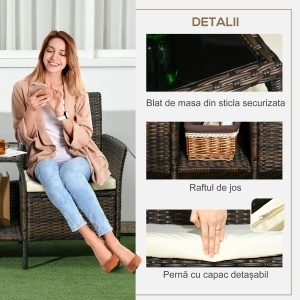 Set de 2 Scaune din Ratan cu Măsuță de Ceai, Canapea pentru 2 Persoane pentru Exterior cu Perne, 38x60x87 cm, Maro - Img 4