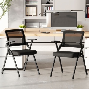 Set de 2 Scaune Pliabile din Material cu Efect de In cu Spătar Curbat și Cotiere, Scaune Pliabile Economice Portabile din Oțel, pentru Casă, Birou, Bucătărie, Evenimente, 61x56x84 cm, Negru - Img 2
